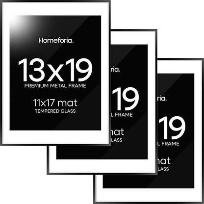 Homeforia 13x19 Picture Frame Black, High End Metal 13 x 19 Poster Frames with Mat 11 x 17 for Photo, 13x19 Black Frame Matted to 11x17 inch Print, 19x13 Thin Frame, Tempered Glass, Wall Kit, Set of 3
