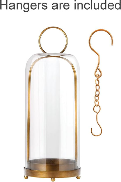 20" High Versatile Modern Metal Hurricane Lantern with Handmade Sturdy Glass Dome in Antique Brass for Pillar Candle & Plants, Industrial, Farmhouse, Shabby Chic (Brass, 7.5"x20")