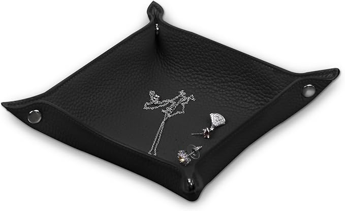 Genuine Cowhide Leather Desktop Storage Organizer - Bedside Vanity Tray Catchall Nightstand Caddy Holder for Phone, Wallet, Coin, Jewelry (Black)