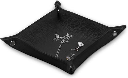 Genuine Cowhide Leather Desktop Storage Organizer - Bedside Vanity Tray Catchall Nightstand Caddy Holder for Phone, Wallet, Coin, Jewelry (Black)