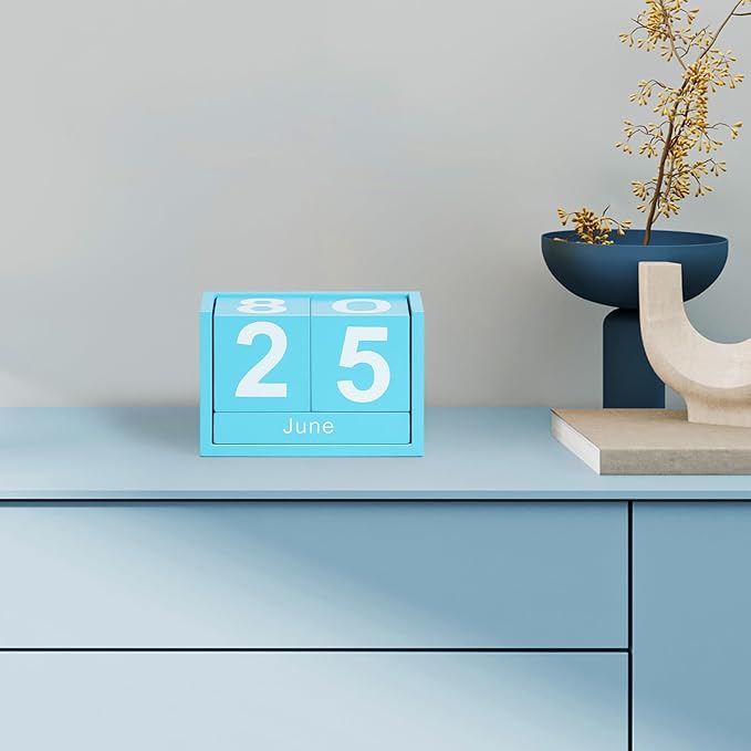 Wooden Block Calendar for Desk, Small Size Daily Desktop Perpetual Desk Calendar, Cute Date Display Desk Accessories for Home Office Decor, Teacher, Classroom, Reusable Yearly, Blue