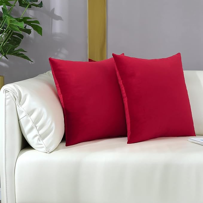 mixeoo Comfy Santa Red Throw Pillow Covers Decorative Square Solid Thick Velvet Super Soft Cushion Cases Home Decor for Sofa Couch Living Room Chair, Set of 2, 20 x 20 Inch