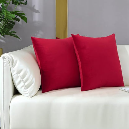mixeoo Comfy Bright Red Throw Pillow Covers Santa Decorative Square Solid Thick Velvet Super Soft Cushion Cases Home Decor for Sofa Couch Living Room Chair, Set of 2, 18 x 18 Inch