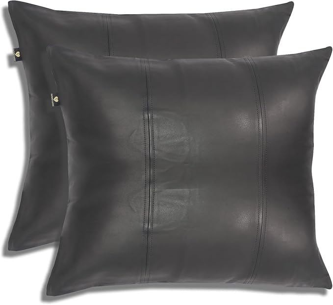 LL LEATHER LOVERS Lambskin Leather Pillow Cover - Sofa Cushion Case - Decorative Throw Covers for Living Room & Bedroom, 22x22 Inches - Black Pack of 2