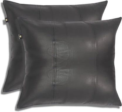 LL LEATHER LOVERS Lambskin Leather Pillow Cover - Sofa Cushion Case - Decorative Throw Covers for Living Room & Bedroom, 22x22 Inches - Black Pack of 2