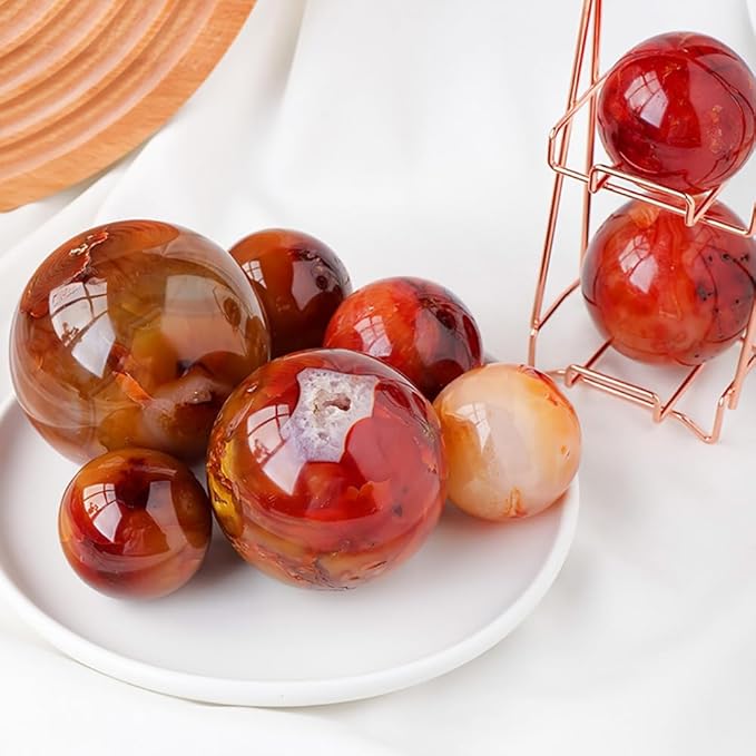 JIC Gem Natural Red Agate Crystal Ball Round Healing Crystals Decorative Sphere with Wooden Stand Meditation Home Decor 2.3-2.7 inch (60-70mm)