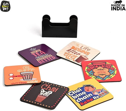 GKD Wooden Coasters for Drinks, MDF Chai/Tea Lover Coasters Set of 6 with Holder, 3.8 inches Eco-Friendly Absorbent Coaster for Coffee Table, Bar, Drinking Glasses, Tabletop Protection