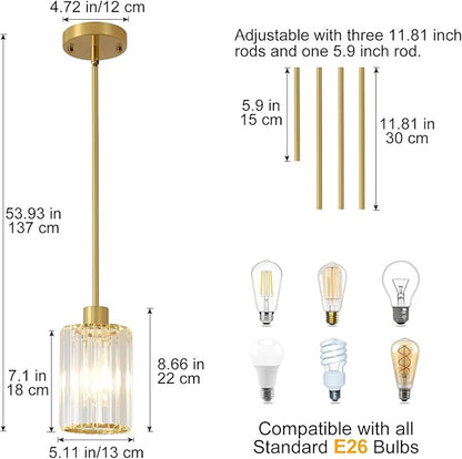 Crystal Pendant Lights, 3 Pack Brushed Gold Pendant Lights for Kitchen Island, Modern Mini Crystal Hanging Light Fixtures for Kitchen, Dining Room, Hallway, Foyer, Entryways