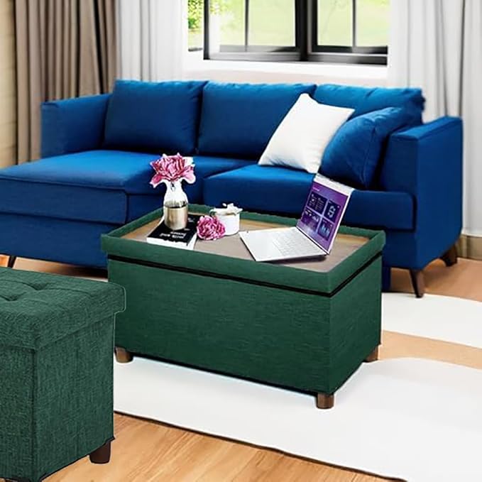 30 Inches Storage Ottoman Bench, Storage Bench with Wooden Legs for Living Room Ottoman Foot Rest Removeable Lid for Bedroom End of Bed, Linen Fabric Green Color