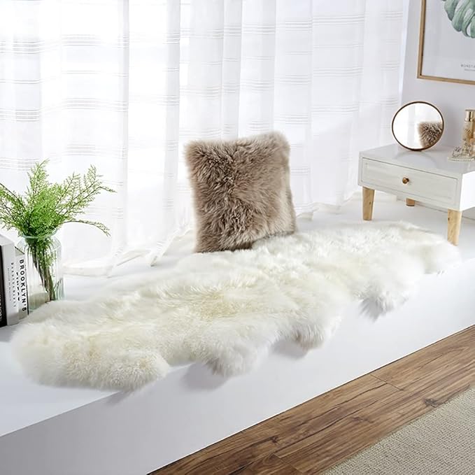 HUAHOO Premium Genuine Sheepskin Rug Real Australia Sheepskin Natural Luxury Fluffy Lambskin Fur Area Rug Seat Covers for Kids Bedroom Sofa Chair Cover Pets Dogs Mat Double Pelt/2' x 6' White/Ivory