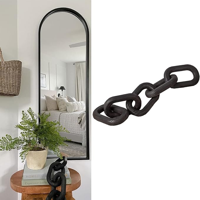 Hanlin Wood Chain Link Decor - Hand Carved Boho Decorative Wood Chain, Farmhouse Decor, Sustainable Pine, Coffee Table Decor, Shelf Decor, for Home Living Room (Black)