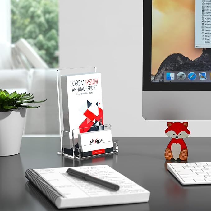 NIUBEE 2-Pack Acrylic Brochure Holder 4‘’ , Clear Brochure Display Stand with Acrylic Business Card Holder, Plastic Flyer Display Stand for Magazine, Pamphlet, Booklets, Menu, Journals, Business Card