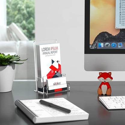NIUBEE 2-Pack Acrylic Brochure Holder 4‘’ , Clear Brochure Display Stand with Acrylic Business Card Holder, Plastic Flyer Display Stand for Magazine, Pamphlet, Booklets, Menu, Journals, Business Card