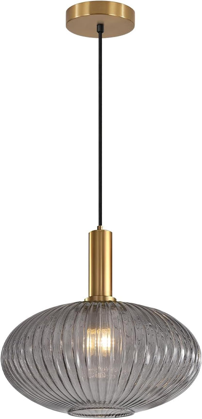 KCO Lighting Mid Century Modern Gold Glass Pendant Lighting Smoke Grey Globe Pendant Lights Kitchen Island Industrial Brass Gold Hanging Ceiling Light Fixture for Dining Room