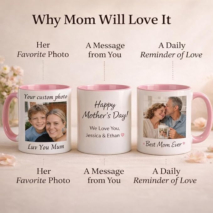 Personry Mothers Day Gifts Personalized Mug, Custom Coffee Cup with Pictures Words Logo, Elegant Ceramic Coffee Mugs for Mom, Best Gifts for Mom Birthday, New Mom Gifts 11oz（Pink）