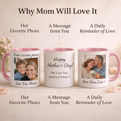 Personry Mothers Day Gifts Personalized Mug, Custom Coffee Cup with Pictures Words Logo, Elegant Ceramic Coffee Mugs for Mom, Best Gifts for Mom Birthday, New Mom Gifts 11oz（Pink）