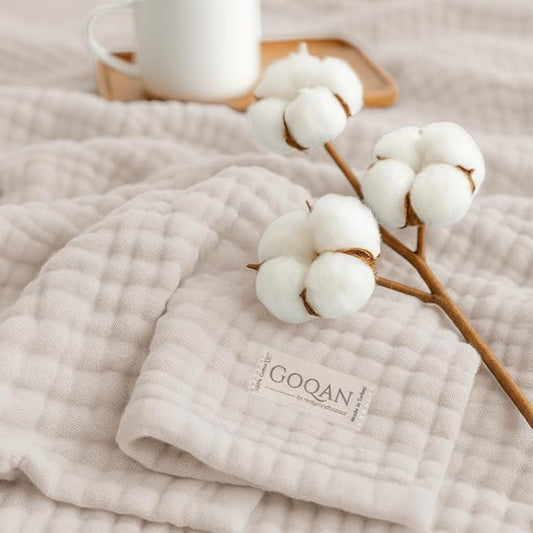 Goqan Throw Blanket 55x60 – 100% Turkish Cotton 4 Layer Boho Muslin Blanket for Adults, Four Season Blanket Lightweight and Thin, Soft, Breathable for Bed, Couch, Picnic - Beige