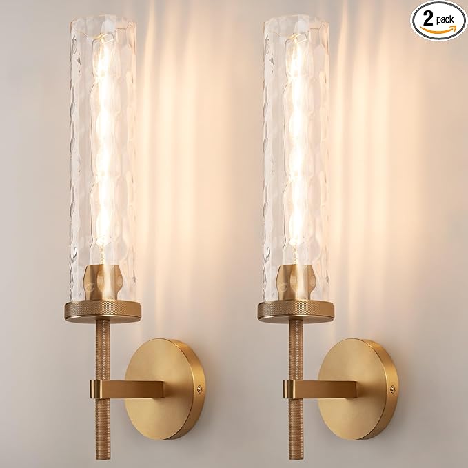 19.5" Knurled Brass Wall Sconces Set of 2, Gold Bathroom Vanity Light Fixtures with Water Ripples Glass Tube, Modern Lamp Lighting for Bedroom, Living Room, Hallway, Staircase, Mirror, Kitchen
