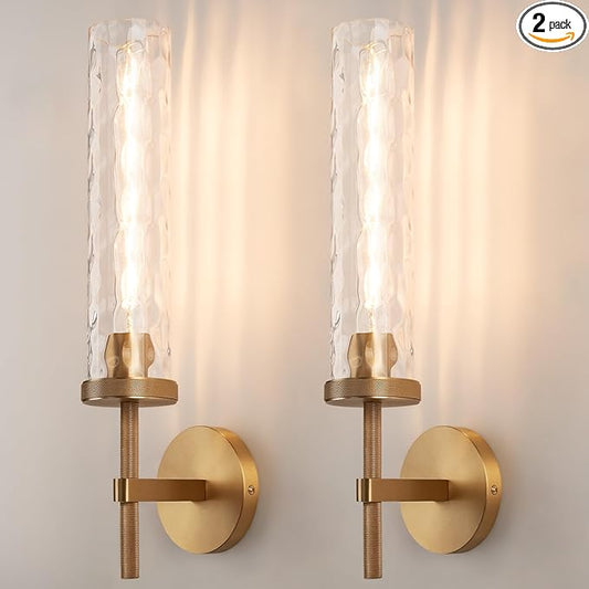 19.5" Knurled Brass Wall Sconces Set of 2, Gold Bathroom Vanity Light Fixtures with Water Ripples Glass Tube, Modern Lamp Lighting for Bedroom, Living Room, Hallway, Staircase, Mirror, Kitchen