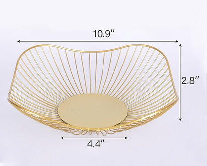 IBWell Short Curved-Edge Modern Creative Stylish Single Tier Dish,Metal Iron Wire Fruit Vegetables Bread Decorative Stand Serving Bowls Basket Holder (Square Dish) (Gold)