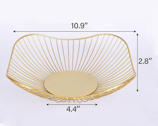 IBWell Short Curved-Edge Modern Creative Stylish Single Tier Dish,Metal Iron Wire Fruit Vegetables Bread Decorative Stand Serving Bowls Basket Holder (Square Dish) (Gold)