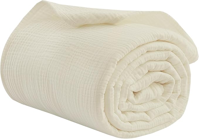 100% Cotton Muslin Queen Blanket (90" x 90") – A Luxuriously Soft, 4-Layer Lightweight and Breathable Gauze Blanket, Perfect for Year-Round use on beds, couches (Ivory, Queen)