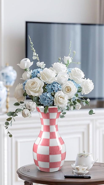 Pink and White Ceramic Vase, 11" Tall Pink Checkered Vase in Wide Mouth, Large Decorative Flower Vases for Decor Living Room, Table Centerpiece, Dining Room, Entryways, Wedding Decor, Porcelain Vase