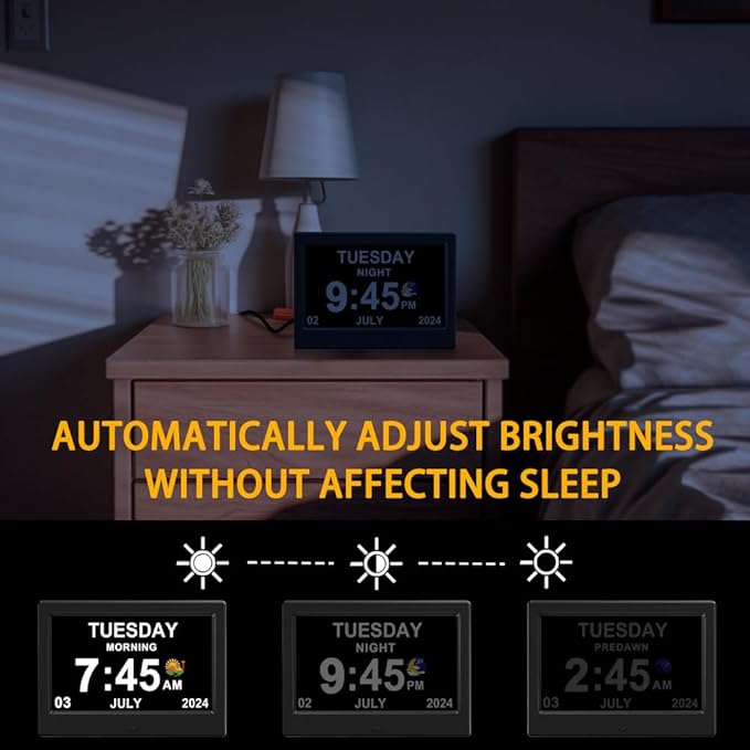 Alarm Clock with Day and Date for Elderly Digital Calendar Clock Photo Frame- Auto Dimmable Display 15 Alarm Options (7inch Black)