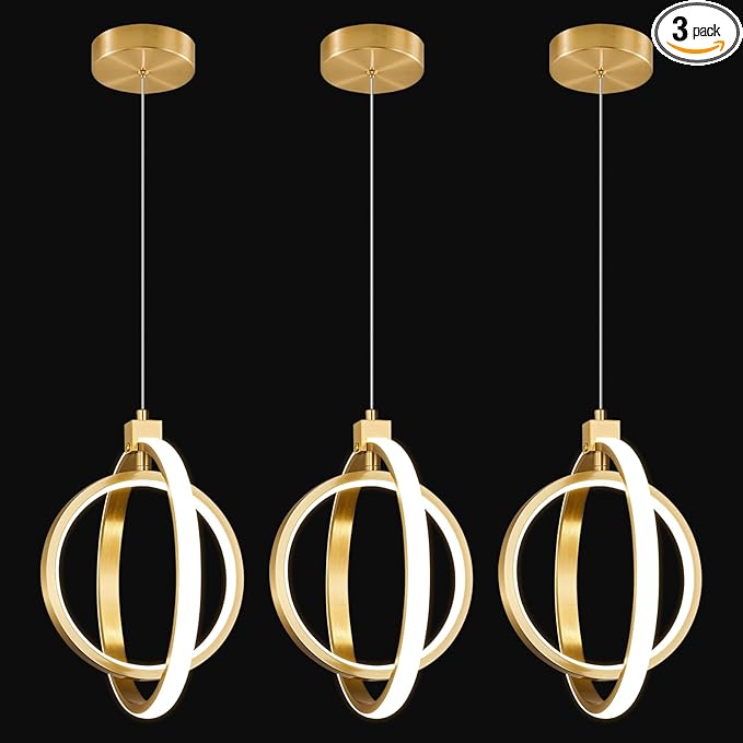 Modern LED Chandelier Gold Ring Pendant Light Fixtures 4000K Dimmable Height Adjustable Pendant Lighting for Dining Room Kitchen Island Bedroom Living Room Foyer（3-Pack）