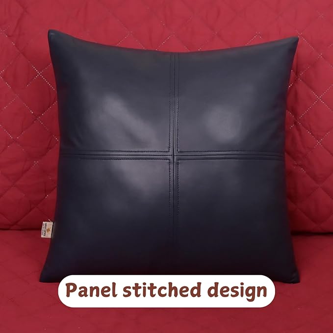 Lambskin Leather Pillow Cover, Hand Panel Stitched Leather Decorative Throw Pillow Covers for Couch Sofa Bed Living Room Garden (20x20 Inches, Gun Metal Blue Pack of 1)