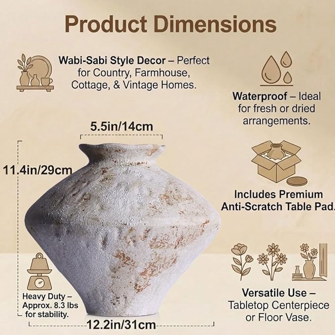 Wabi Sabi Rusty Vintage Vase, 11.4" Tall Wabi Sabi Decor Rustic Farmhouse Pottery Vase for Centerpiece, Textured Pottery Flower Vases for Home Decorative, Table, Living Room (Rusty White, Large)