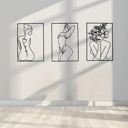 Glamativity Large 4 Pack Black Wall Art, Minimalist Single Line Art, Real Metal Wall Art, Woman's Body Shape Abstract Art (Black Classic Style, L Size 22.5 x 15.7'')