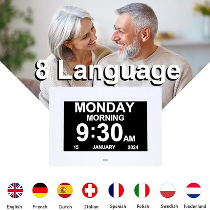 7 Inch Extra Large Day Date Time Digital Day Calendar Clocks with Auto-Dimming 12 Alarm Reminders Dementia Clock for Senior Elderly impaired Vision Memory Loss