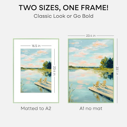 Homeforia A1 Poster Frame Sage Green, High End Metal A1 Large Picture Frames with Mat A2 Photo, 23.4 x 33.1 Frames Matted to 16.5 x 23.4 Print, 23.4x33.1 Thin Frame, Tempered Glass, Wall Kit, Set of 2