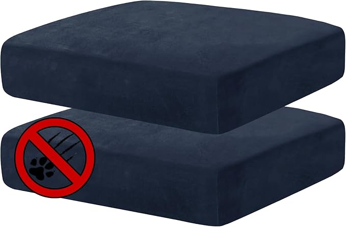 MAXIJIN Velvet Stretch Seat Cushion Covers Couch Cushion Cover for Individual Cushions Sofa Seat Cushion Slipcovers with Elastic Bottom (2 Piece Sofa Cushion Covers, Navy Blue)