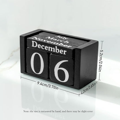 Perpetual Desk Calendar Wooden Block Calendar for Desk Reusable Date Display Blocks for Office Home Decor Teacher Classroom Accessory (Black)