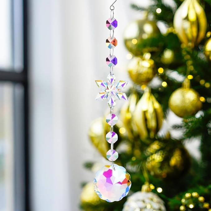 Christmas Tree Decoration Snowflake Crystal Ornaments Suncatcher Hanging Sun Catcher with Chain Pendant Ornament for Window Home Garden Christmas Party Wedding Decoration (Snowflake-A)