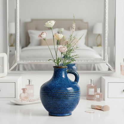 Sunddo 6 Inch Blue Ceramic Vase - Small Rustic Vases for Home Decor, Pitcher Modern Flower Vase for Bookshelf and Bathroom Decor, Nightstand, Dining, Centerpiece Table Decorations