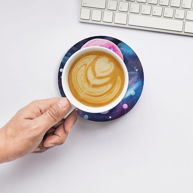 6 Pcs Ceramic Coasters with Holder Absorbent Drink Round Fantasy Galaxy Gellyfish Design for Home Table Coffee Cup Wine Beer Bar,Size 4.4 inches