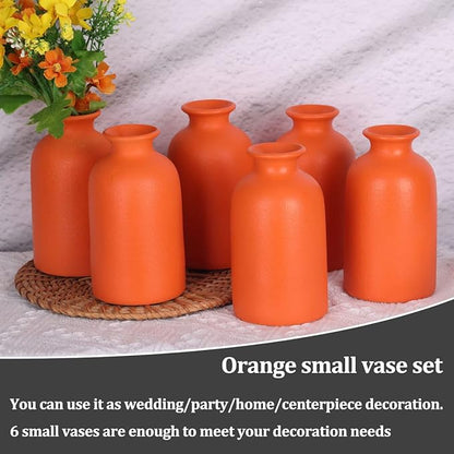 Orange Bud Vases Set of 6 - Mini Orange Ceramic Vases for Flowers, Modern Bud Vase for Table Decor, Boho Small Vase for Home Decor, Centerpieces in Bulk for Wedding, Home, Table, Party Decor
