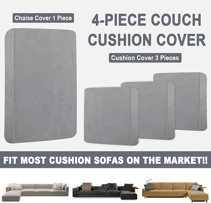 Sectional Couch Covers for 4-Piece Seat Cushion Velvet Separate L Shape Couch Cover Stretch Sofa Slipcover with 2 Pieces Pillowcases Furniture Protector (Sofa 3 Seater + 1 Chaise, Light Grey)