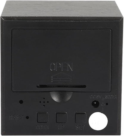 Lancoon Wooden Alarm Clock - Mini Cube LED Digital Clock with Time/Date/Temperature Display, 3 Levels Brightness and Voice Control Great for Home Office Travel - AC10Black_White