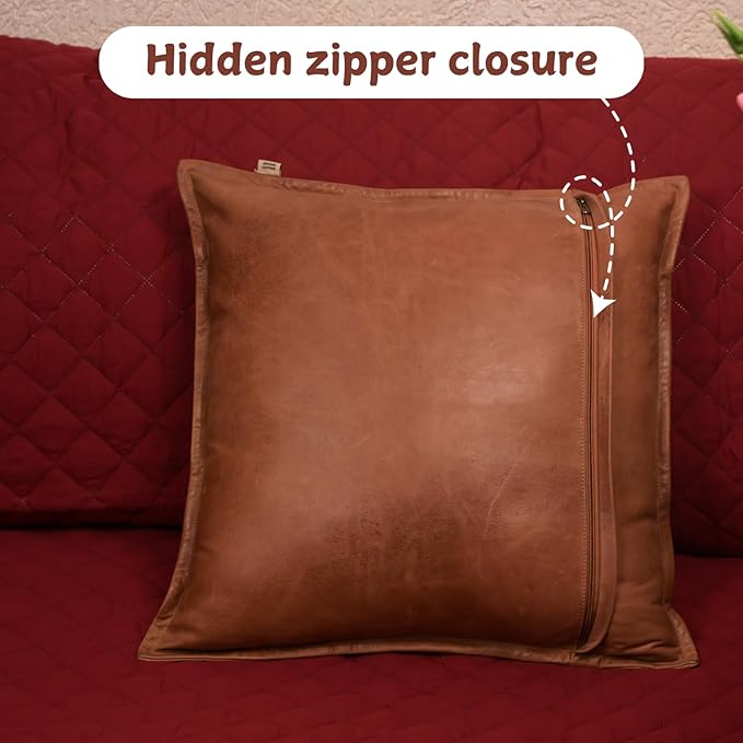 Lambskin Leather Pillow Cover - Sofa Cushion Case - Decorative Throw Covers for Living Room & Bedroom, 18x18 Inches - Antique Brown Box Pack of 2