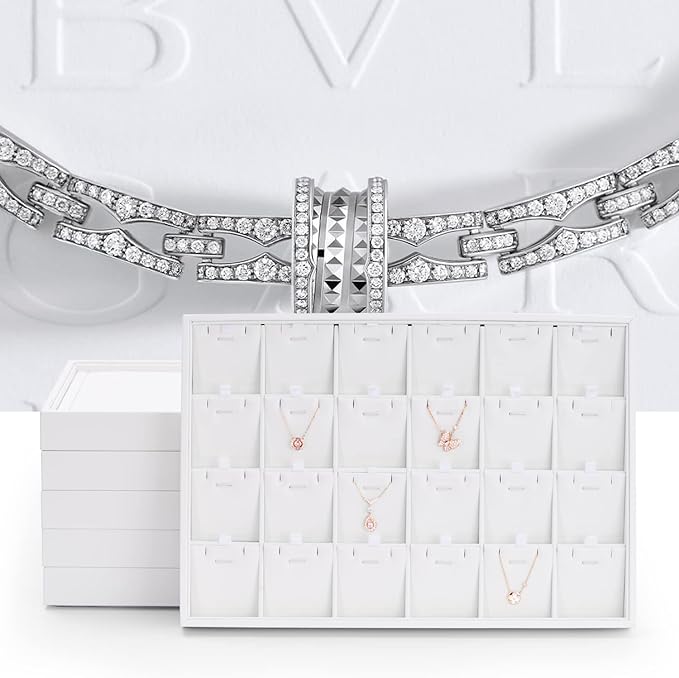 Oirlv Premium White Leather Stackable Jewelry Tray 24 Grid Jewelry Drawer Organizer Trays Rings Earrings Storage