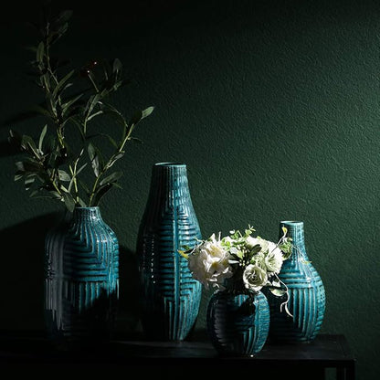 hjn Teal Hand-Glazed Ceramic Vase - 13.8" H Modern Decorative Centerpiece Vase for Fresh/Dried Flowers, Home Decor for Living Room Bookshelf Mantel | Wedding Housewarming Gift