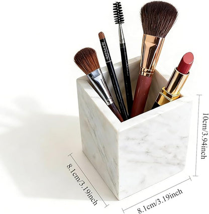 Marble Pen Holder, White Stone, Rectangular Desktop Organizer for Office Study (white)