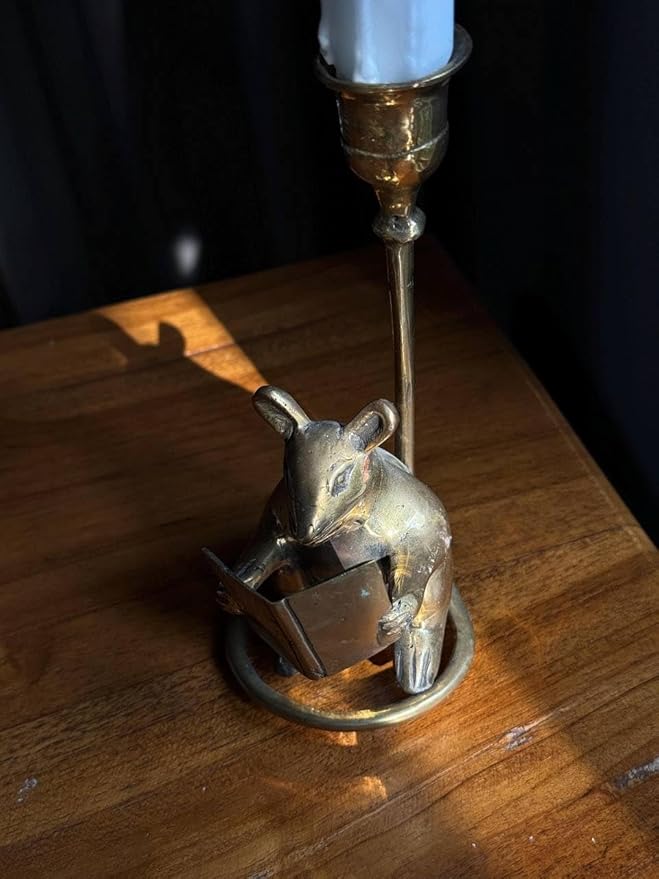 Vintage Brass Mouse Candleholder, Bookshelf Decor Antique Patina Taper Candle Holder mice Home Decor Gift, Reading Lover Gift