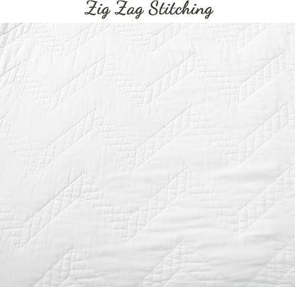 Cozy Line Home Fashions 100% Cotton Geometric Modern Zig Zag Stitch Solid White Quilt Bedding Set, Coverlet, Bedspread Lightweight for All Season (Chevron - White, Twin - 2 Piece)