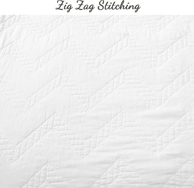 Cozy Line Home Fashions 100% Cotton Geometric Modern Zig Zag Stitch Solid White Quilt Bedding Set, Coverlet, Bedspread Lightweight for All Season (Chevron - White, Queen - 3 Piece)