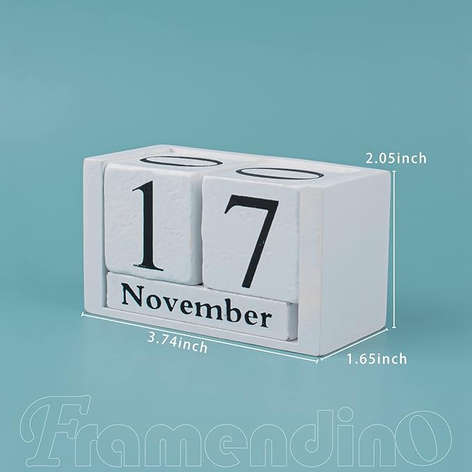 Framendino, White Vintage Wood Rustic Block Chic Perpetual Desktop Wooden Cubes Calendars for Home Office Desk Decoration